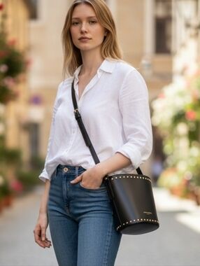 Anna Paola Black Leather Studded Bucket Bag 2 Straps Made In Italy Shoulder Bag